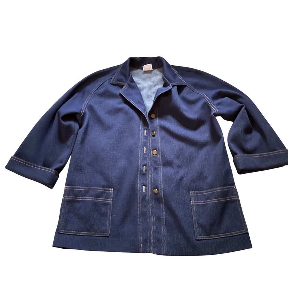 Vintage Graff Californiawear Navy Blue Denim Look Chore Jacket Gold Buttons L